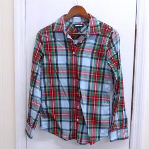 Lands End Plaid Button Down Shirt Women Size 2 Red Green Blue Long Sleeve /#2667